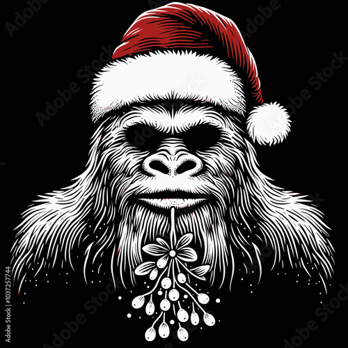 Bigfoot in a Santa Hat Holding Mistletoe