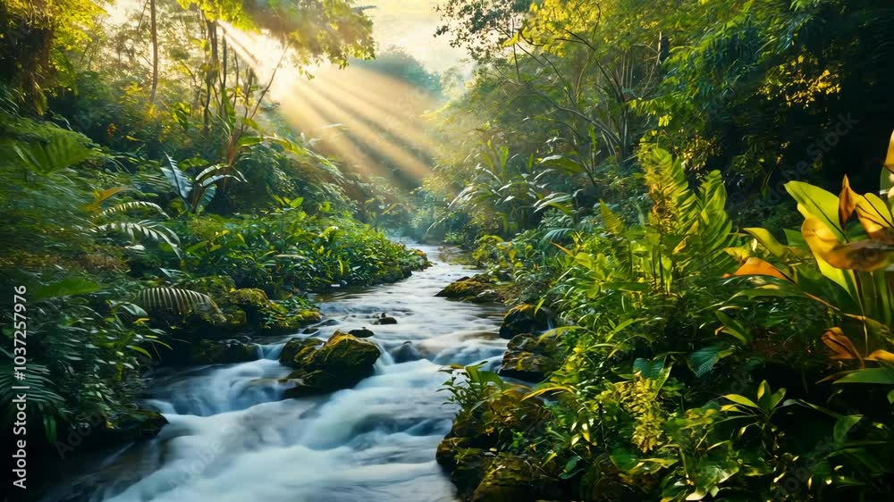 Sunlight streams through the dense rainforest canopy, illuminating a clear stream flowing through the lush green foliage Sunlight streams through the dense rainforest canopy, illuminating a clear stream flowing through the lush green foliage