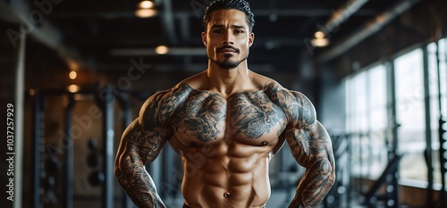 Muscular man with tattoos posing in a gym.