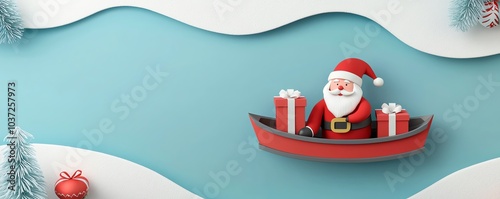Santa delivering presents by boat, winter canal, flat design illustration