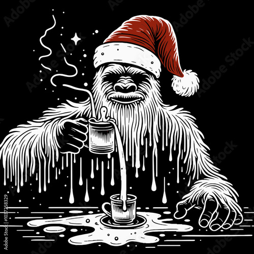Bigfoot in a Santa Hat Spilling Hot Cocoa Everywhere