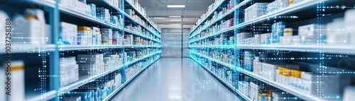 Aisles of healthcare products and medications, digital data points representing efficient supply chain, glowing network, modern medical logistics