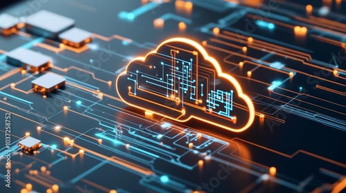 Futuristic hologram of cloud computing, data flow representation, SaaS, and IT infrastructure upgrade, glowing data connections, sleek digital tech