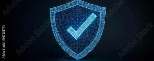 Glowing blue wireframe shield with checkmark, digital security concept, futuristic cybersecurity protection, dark background, secure tech visuals