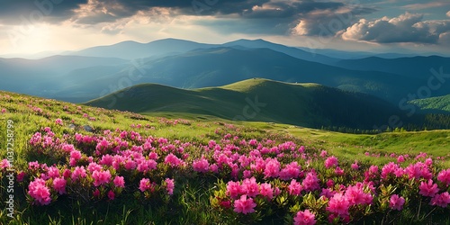 Pink rhododendron flowers in the Carpathian mountains