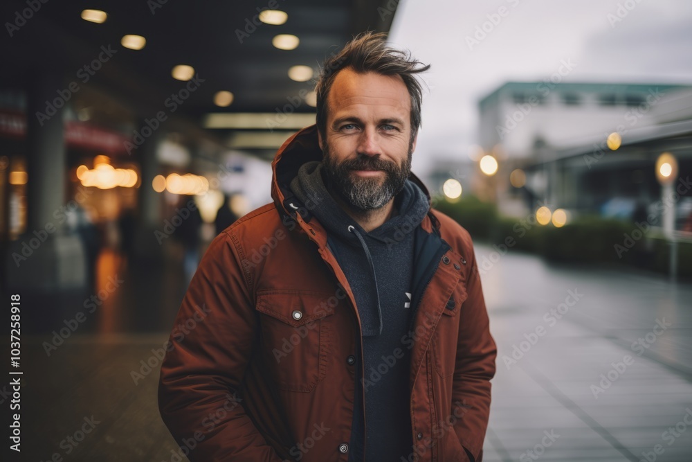 Portrait of a handsome bearded man in a red jacket with a hood standing in the city. Portrait of a handsome bearded man in a red jacket with a hood standing in the city.