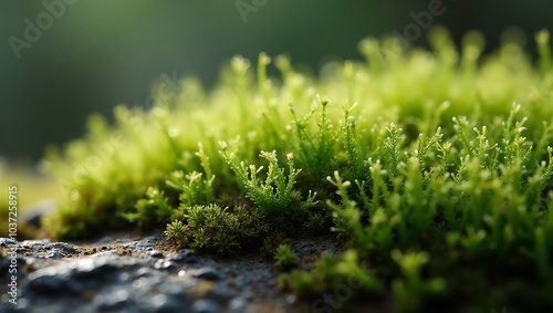 Close up of vibrant green moss on rock detailed fronds