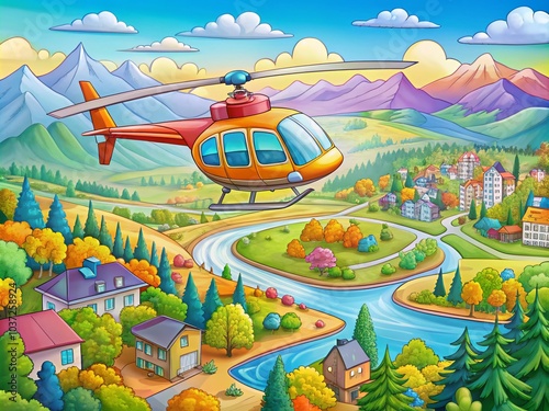 Helicopter Cartoon Illustration in Panoramic View for Kids' Art and Design Projects