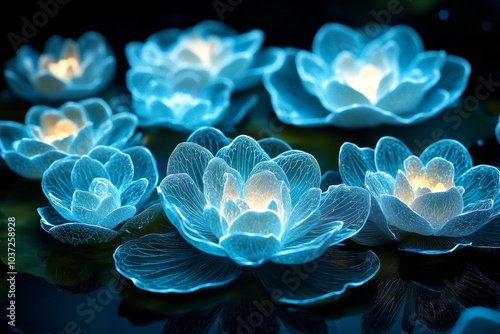 A fantasy garden filled with glowing Jacobaea Maritima plants, their silver leaves illuminated in soft moonlight