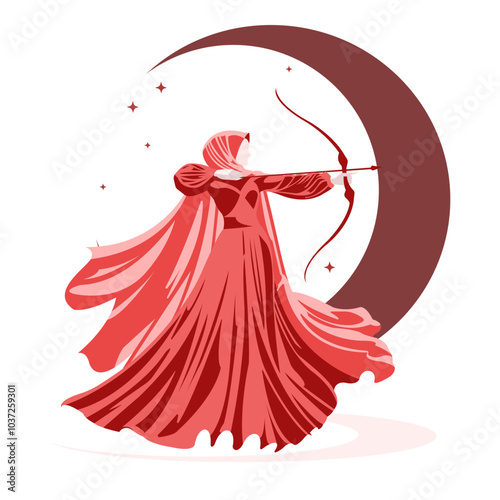 Standing Brave Muslimah Archery Mujahidin Islamic War Vector Flat Design Illustration VII