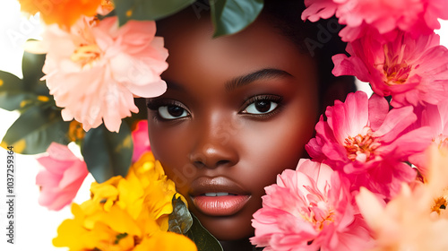 beautiful african woman surrounded by vibrant flowers, close-up portrait in natural light, artistic floral composition, beauty and nature concept, vibrant colors, soft skin and floral arrangemen