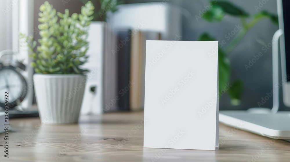Fototapeta premium Blank white card mockup, upright display on a simple desk, minimalist design, clean lines, showcasing potential for personalized messages or branding.