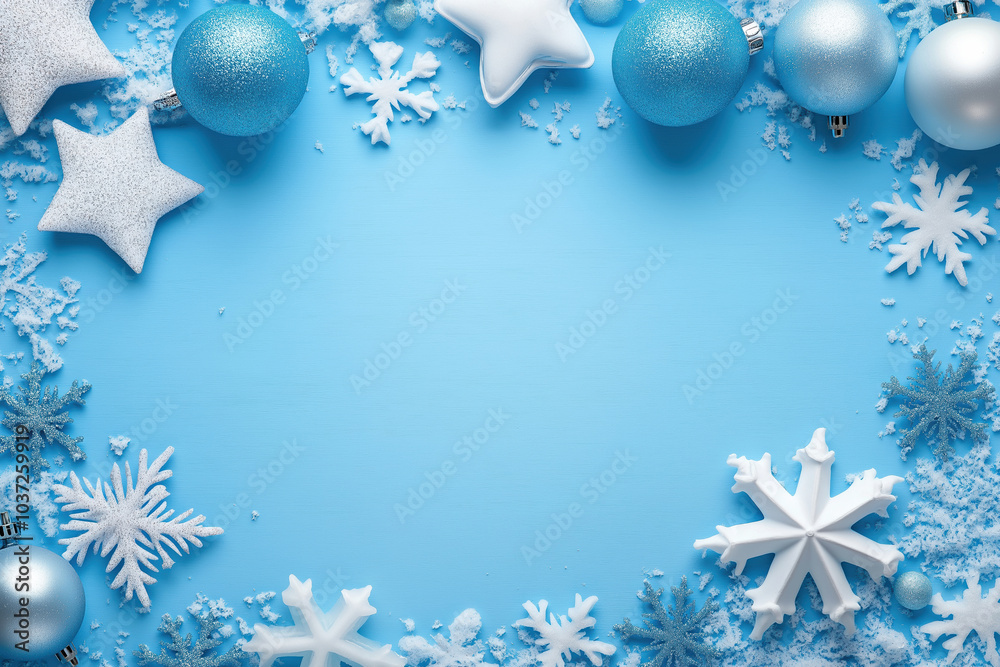 Winter backdrop with blue ornaments and snowflakes for the season's festivities Winter backdrop with blue ornaments and snowflakes for the season's festivities