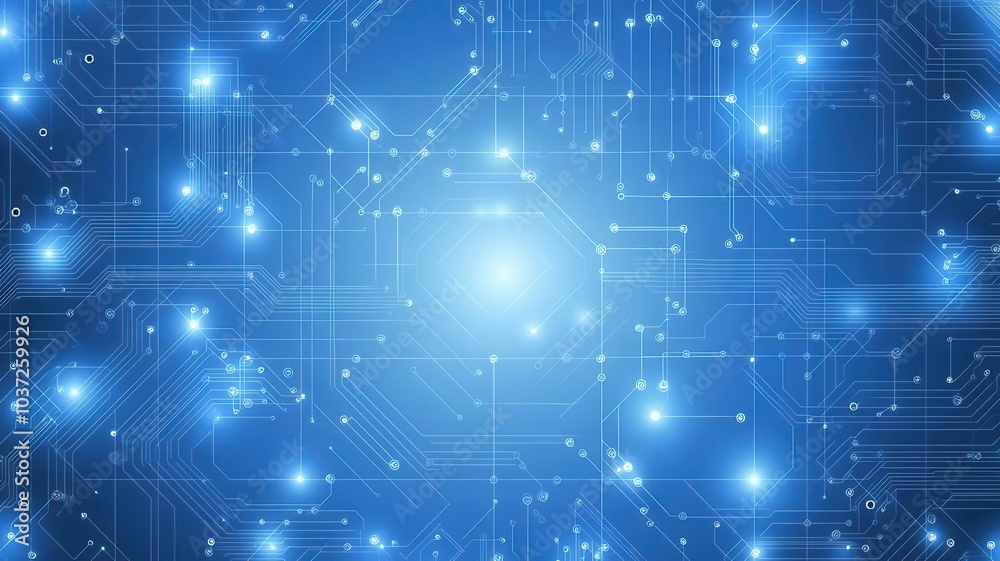 Abstract circuit design in blueprint format, soft blue glow, top-down view, intricate patterns   ideal for creative technology-related visuals
