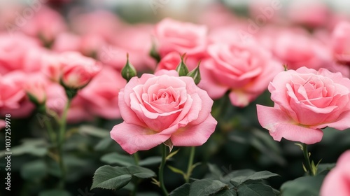 Blooming Pink Roses in a Vibrant Garden, showcasing lush petals amidst a serene landscape, offering ample space for text or design elements in a tranquil setting.