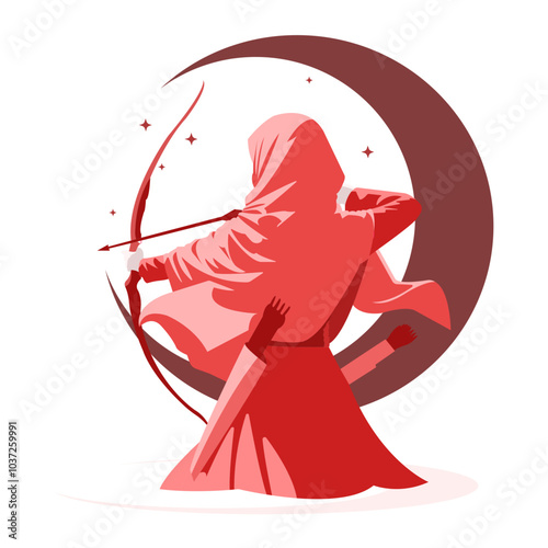 Standing Brave Muslimah Archery Mujahidin Islamic War Vector Flat Design Illustration V