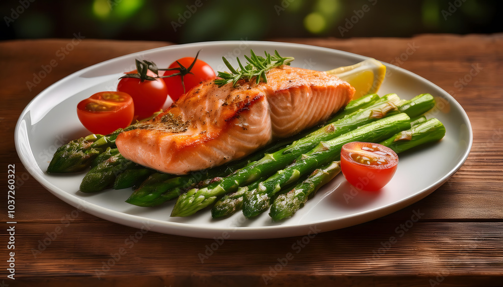 Fried salmon steak with ripe green asparagus, and sliced tomatoes served on a white plate on a wooden table Fried salmon steak with ripe green asparagus, and sliced tomatoes served on a white plate on a wooden table
