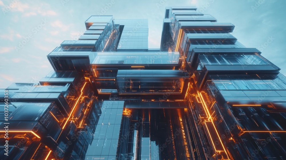 Futuristic architectural structure with glass and glowing elements. Futuristic architectural structure with glass and glowing elements.