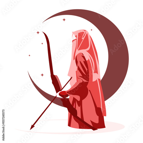 Standing Brave Muslimah Archery Mujahidin Islamic War Vector Flat Design Illustration VI