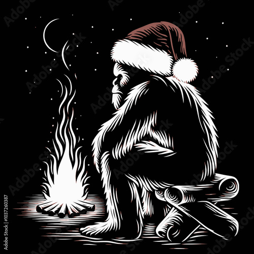 Bigfoot in a Santa Hat by the Campfire