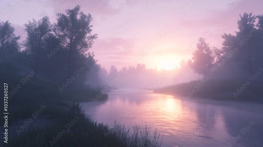 Fototapeta premium A quiet river at dawn, surrounded by mist and the sounds of nature waking up.