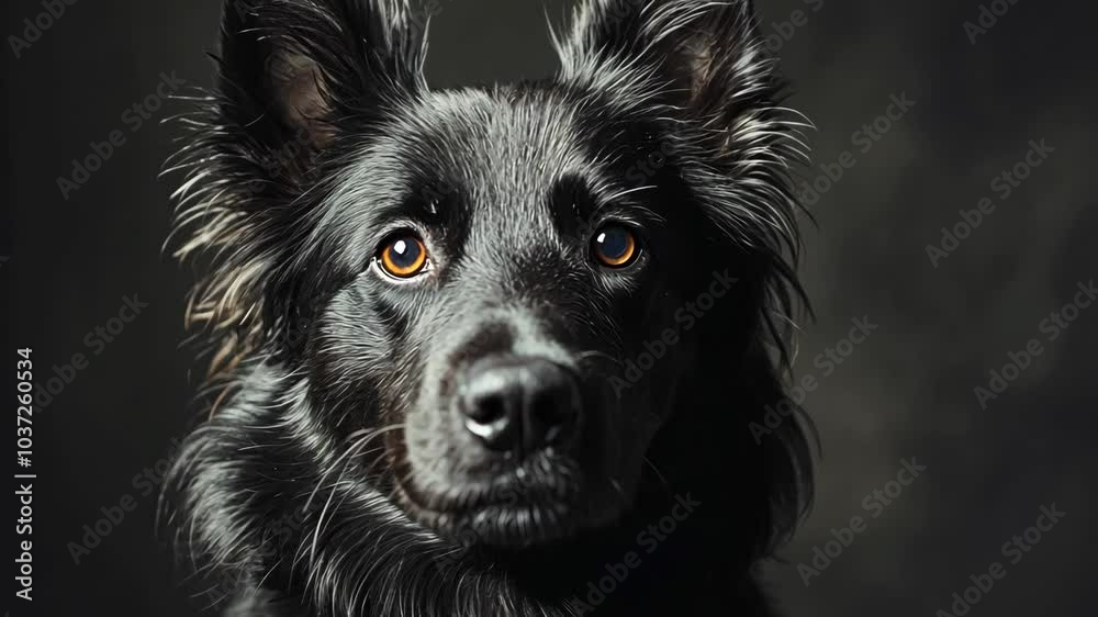A black dog with big, expressive eyes stares intently at the camera A black dog with big, expressive eyes stares intently at the camera