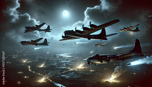 A squadron of military planes flies over a city at night under a full moon

