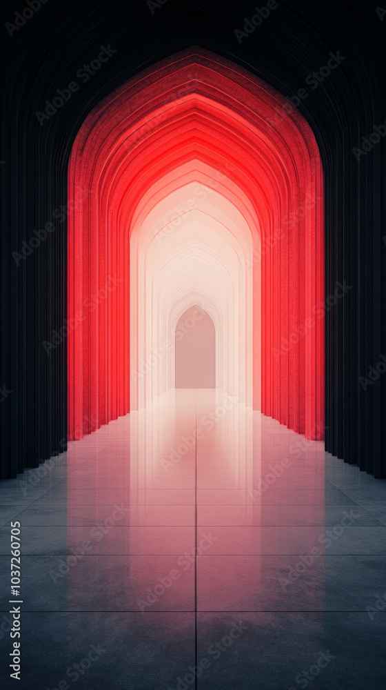 A hallway with red glowing arches leads to a bright light at the end. A hallway with red glowing arches leads to a bright light at the end.