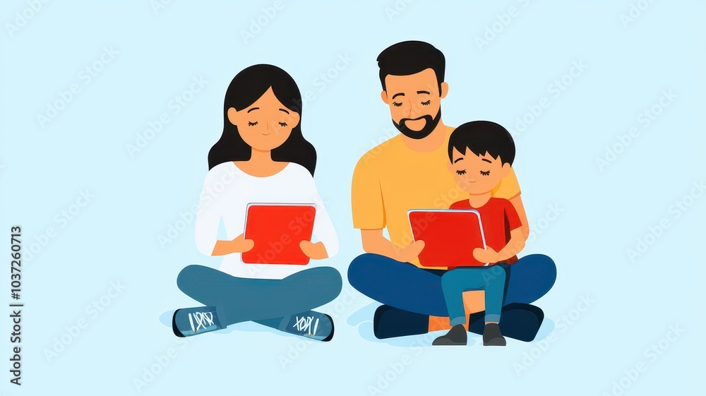 Family enjoying digital devices together on a light blue background. Family enjoying digital devices together on a light blue background.