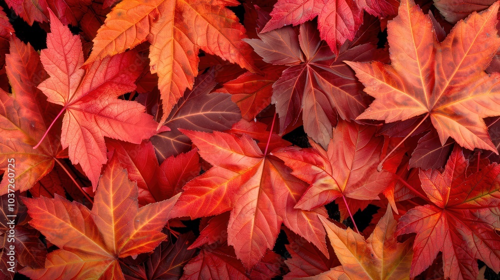 Autumn Splendor, vibrant red and orange leaves create a breathtaking tapestry, showcasing the rich textures of foliage during the colorful season of fall