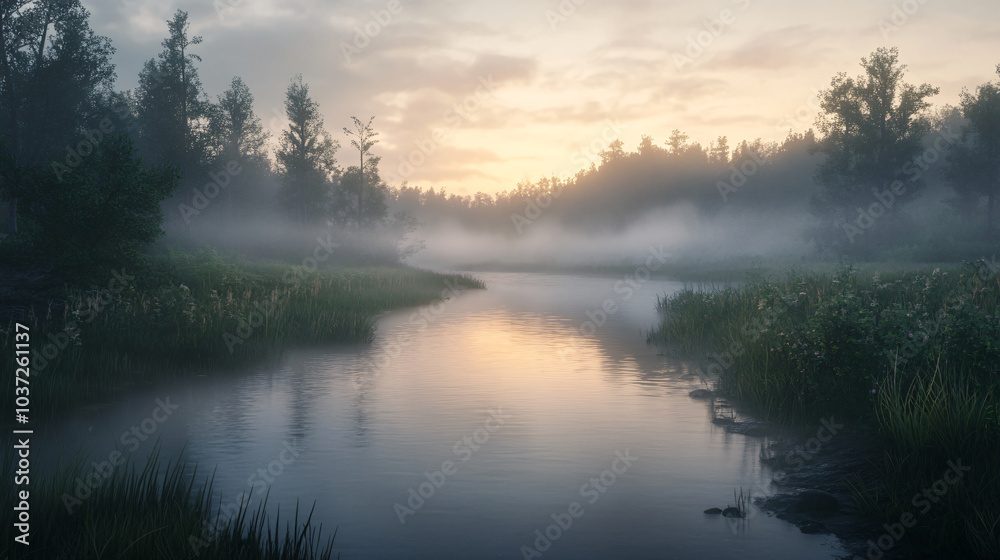 Fototapeta premium A quiet river at dawn, surrounded by mist and the sounds of nature waking up.