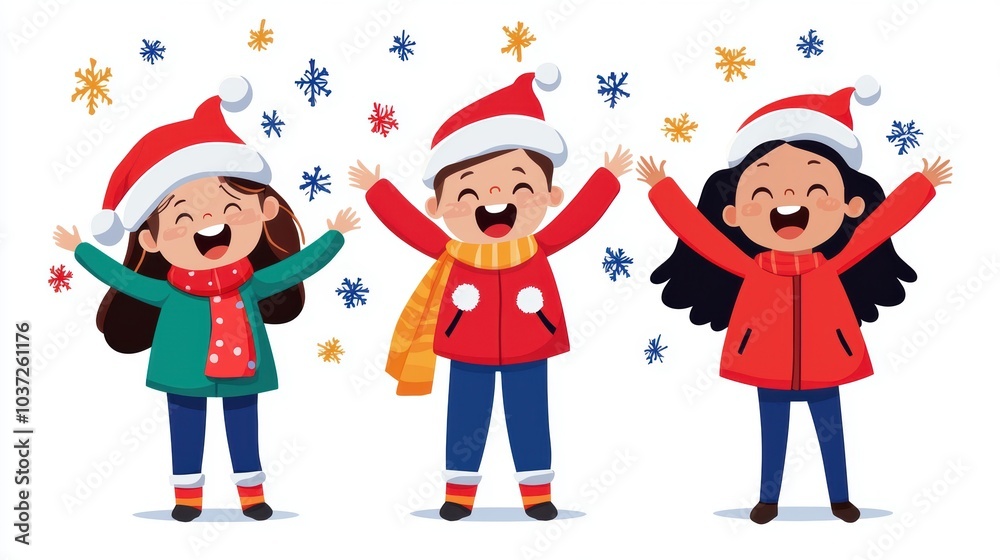 Happy Kids Singing Christmas Carols in the Snow Happy Kids Singing Christmas Carols in the Snow