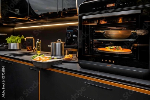 A high-tech kitchen with smart appliances, touchscreens, and a sleek, minimal design, creating a futuristic cooking space