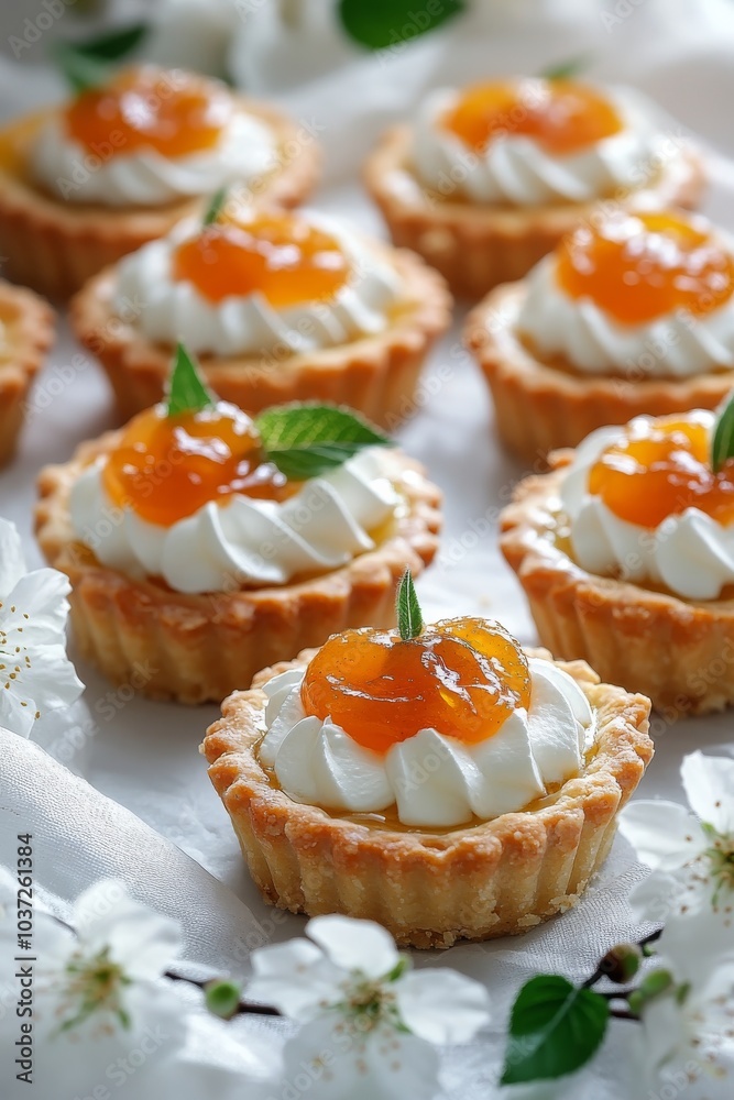 Delicious mini tartlets topped with cream and fruit preserves on a white tablecloth Delicious mini tartlets topped with cream and fruit preserves on a white tablecloth