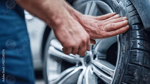 A close-up of a man calibrating a car tire, focusing on the hand performing the calibration