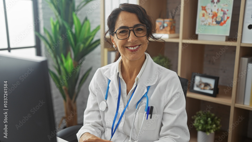Smiling mature woman doctor in white coat with stethoscope in clinic office Smiling mature woman doctor in white coat with stethoscope in clinic office