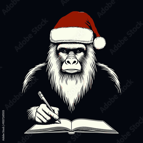 Bigfoot in a Santa Hat Writing Calmly