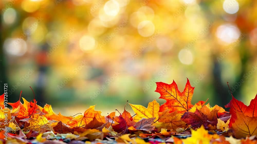 A close-up of fallen autumn leaves scattered on the ground, with a blurry background of trees and sunlight A close-up of fallen autumn leaves scattered on the ground, with a blurry background of trees and sunlight