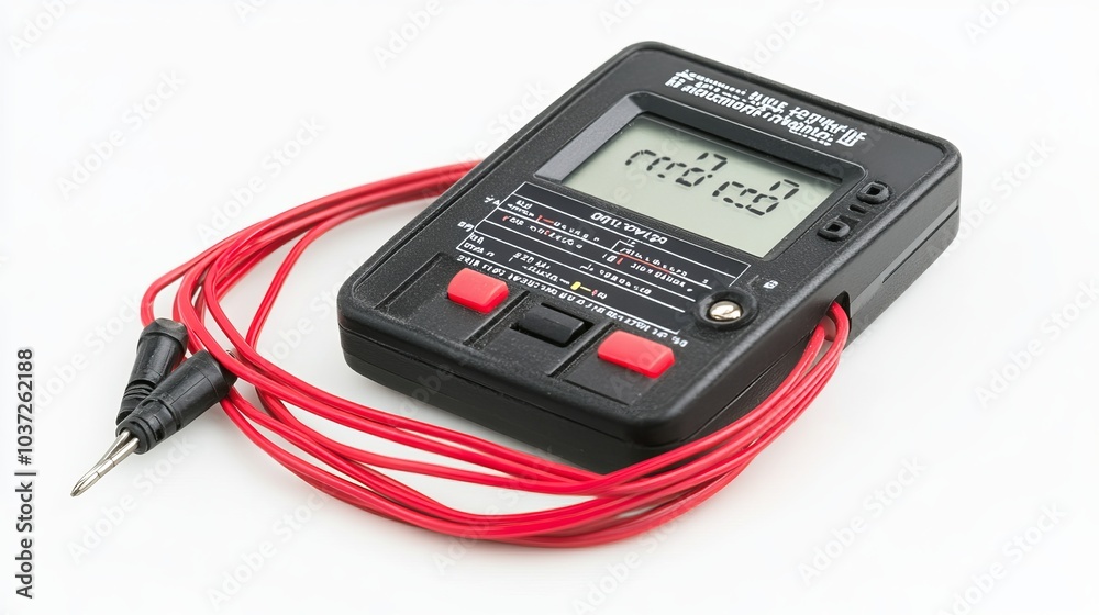 An electronic digital multimeter, shown isolated on white, with red and black probes used for precise measurements An electronic digital multimeter, shown isolated on white, with red and black probes used for precise measurements