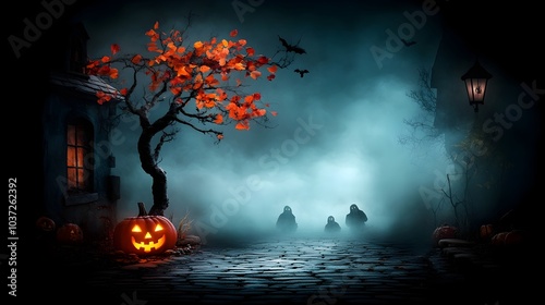 Ghastly apparitions and sinister goblins creeping through the hazy fog on a dimly lit cobblestone street on an eerie Halloween night with ethereal mist shrouding the haunting scene in a gothic photo