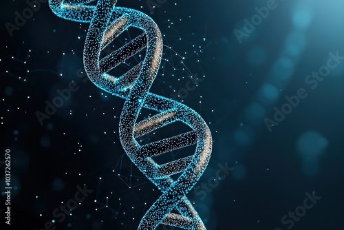 Close-up of a DNA double helix model with a vibrant blue glow on a dark background. photo