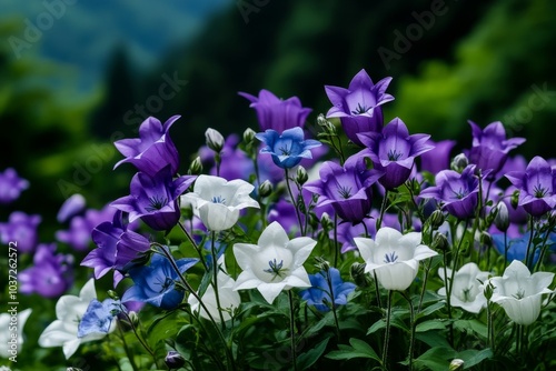 A meadow filled with Campanula (Bellflowers) swaying gently in the breeze, their soft lavender and blue flowers adding a delicate touch to the scene