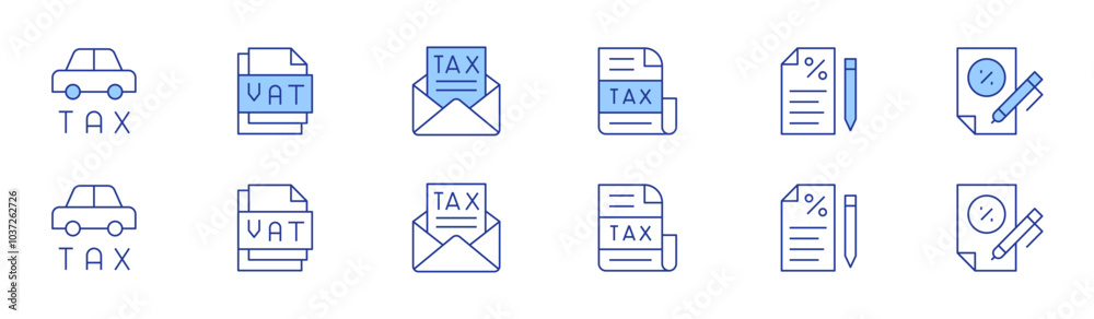 Tax icon set in two styles, Duotone and Thin Line style. Editable stroke. taxes, taxation, loan, tax, vat Tax icon set in two styles, Duotone and Thin Line style. Editable stroke. taxes, taxation, loan, tax, vat