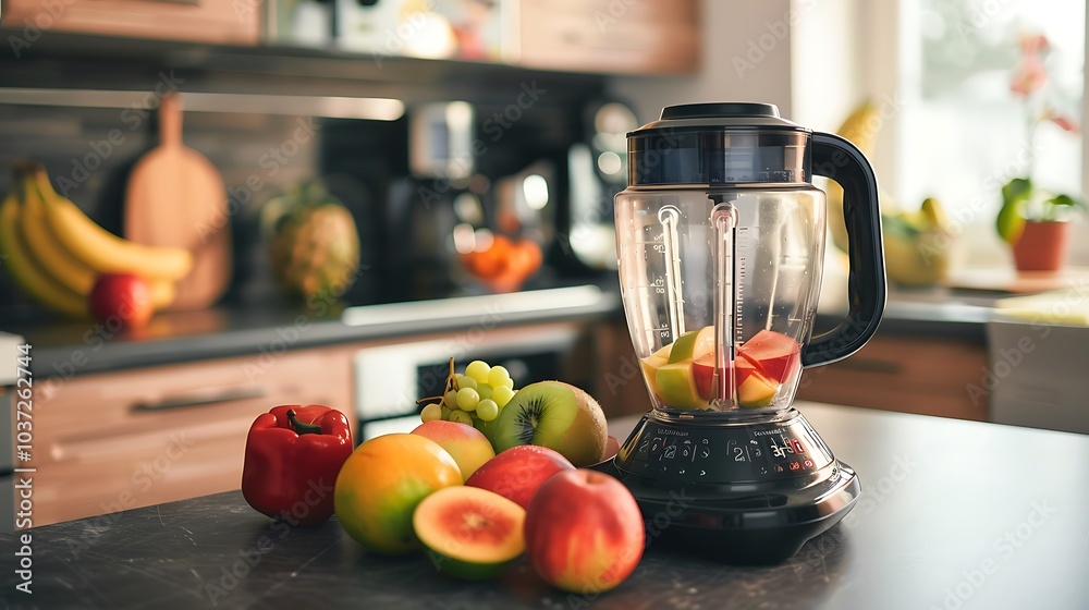 A fresh fruit bowl and a blender resting on a countertop A fresh fruit bowl and a blender resting on a countertop
