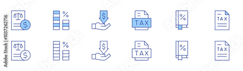 Tax icon set in two styles, Duotone and Thin Line style. Editable stroke. taxes, tax calculate, tax