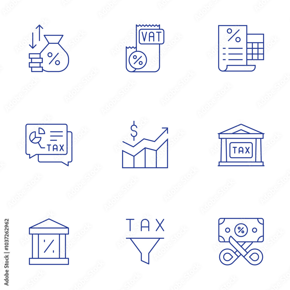 Tax icons set. Thin Line style, editable stroke. interest rate, chat, bank, value, taxes, tax, tax office Tax icons set. Thin Line style, editable stroke. interest rate, chat, bank, value, taxes, tax, tax office
