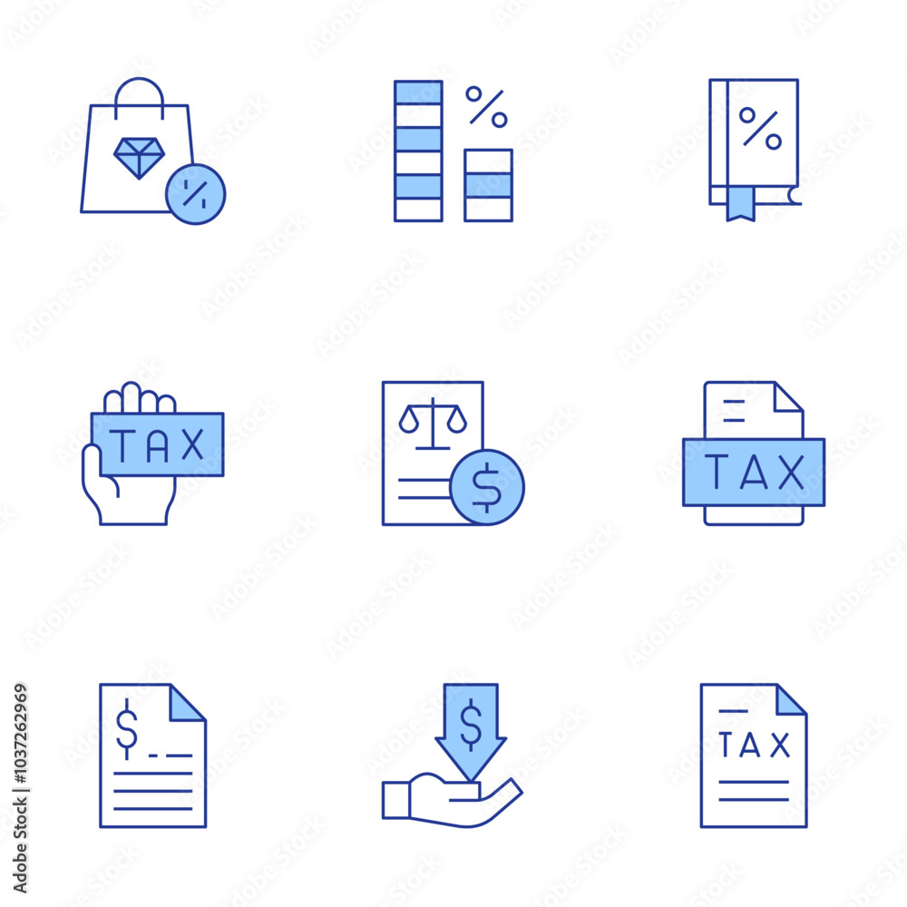 Tax icons set. Line Duotone style, editable stroke. taxes, tax calculate, tax, luxury, financial Tax icons set. Line Duotone style, editable stroke. taxes, tax calculate, tax, luxury, financial