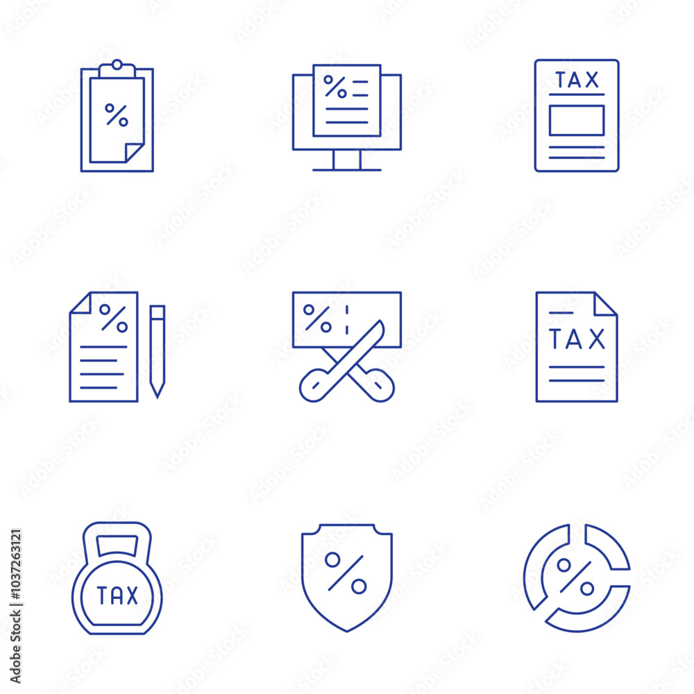 Tax icons set. Thin Line style, editable stroke. tax, shield, taxes, taxation, pie chart Tax icons set. Thin Line style, editable stroke. tax, shield, taxes, taxation, pie chart