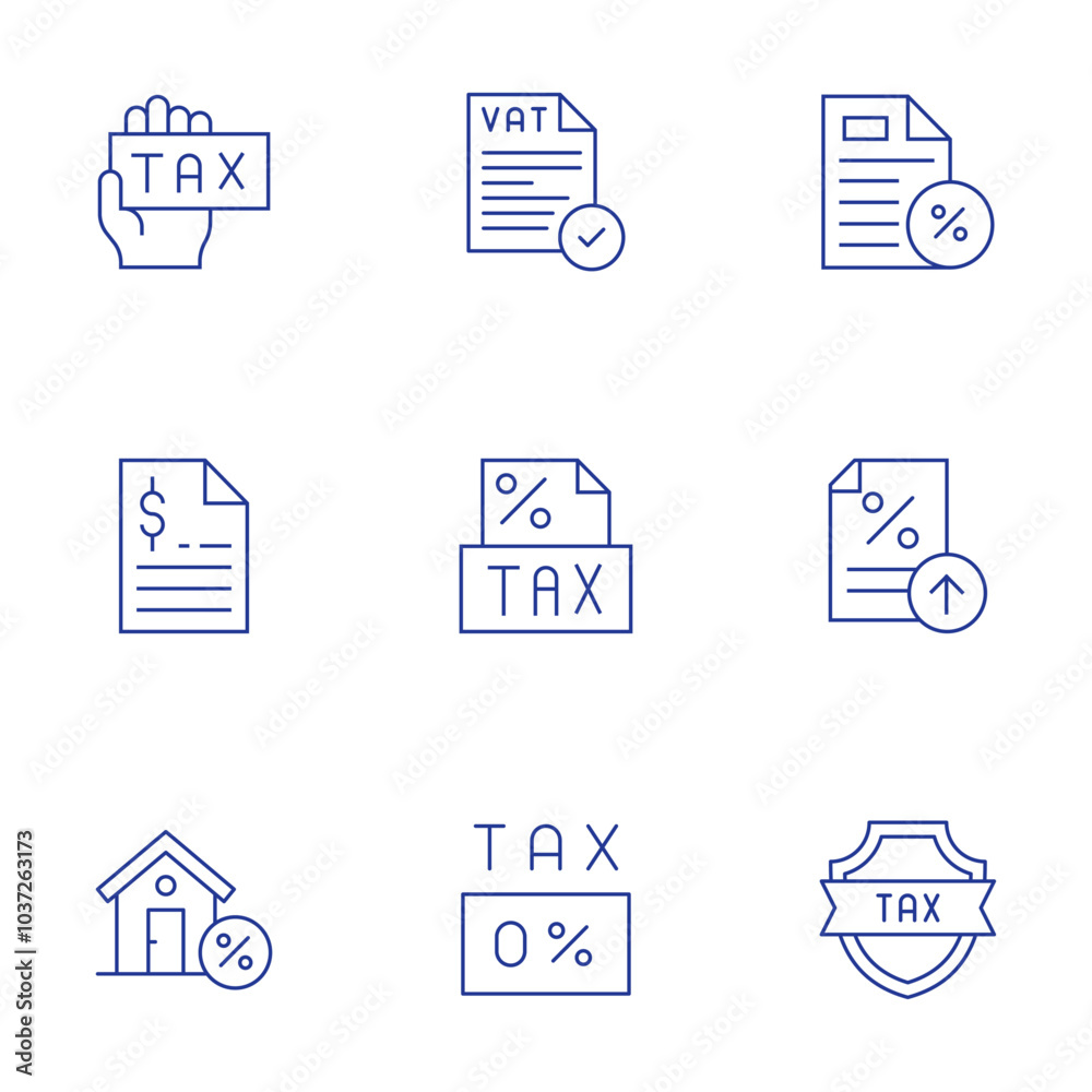 Tax icons set. Thin Line style, editable stroke. vat, taxes, tax free, tax, property, financial Tax icons set. Thin Line style, editable stroke. vat, taxes, tax free, tax, property, financial