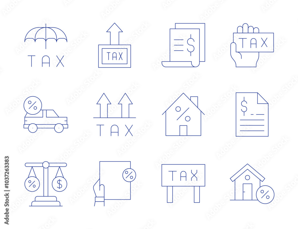 Tax icons. Thin Line style, editable stroke. tax, property, financial, taxes, house, insurance, car, balance Tax icons. Thin Line style, editable stroke. tax, property, financial, taxes, house, insurance, car, balance